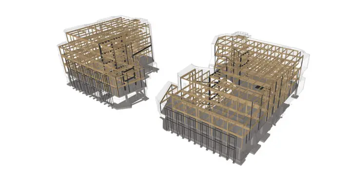 An aerial perspective view shows the glulam structural system and concrete foundation inside One North.