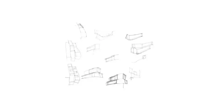 Loose graphite sketches of massing and form explore corner conditions.