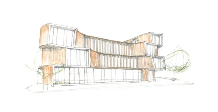 A perspective façade study sketch in graphite and brown colored pencil shows the angled apertures and narrow windows louvered with cedar siding.