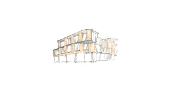 A façade study sketch in graphite and brown colored pencil illustrates façade options on the southeast corner.