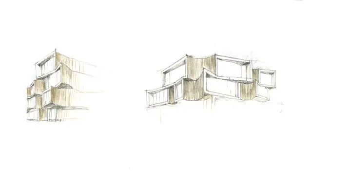 Sketched formal studies of the curved siding and tilted apertures at office levels.
