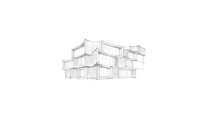 A pencil sketch exploring a stacking and curving building façade.
