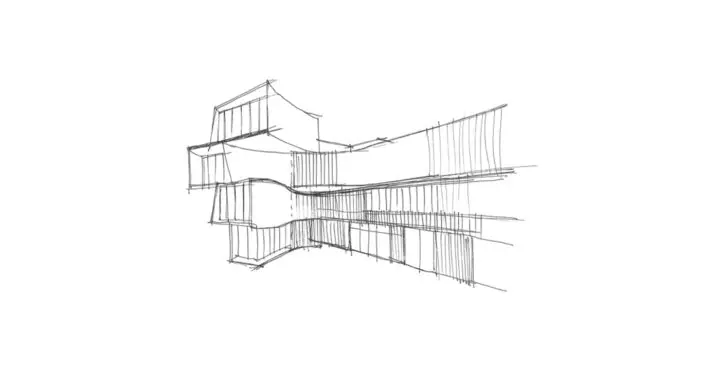 A gestural perspective drawing of the length of the façade turning toward the aperture openings.
