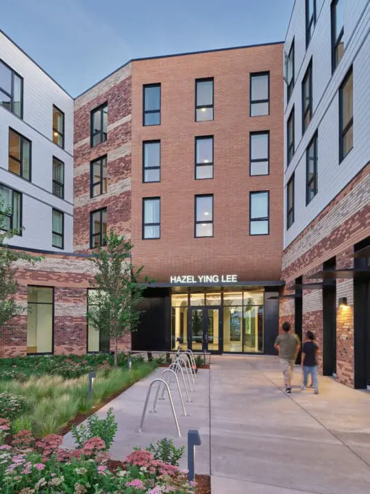 Hazel Ying Lee’s north entrance is highlighted by angular forms and patterned brickwork.